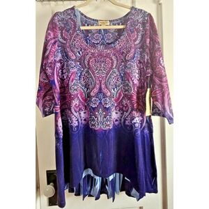 One World‎ lives and let live Paisley Scoop Neck Tunic knit embellished top 2X